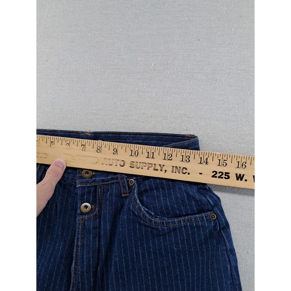 Vtg Suspender Button Jeans Women 9 Fits 4 27.5x29in Blue Pinstripe Retro Baggy - Picture 6 of 8